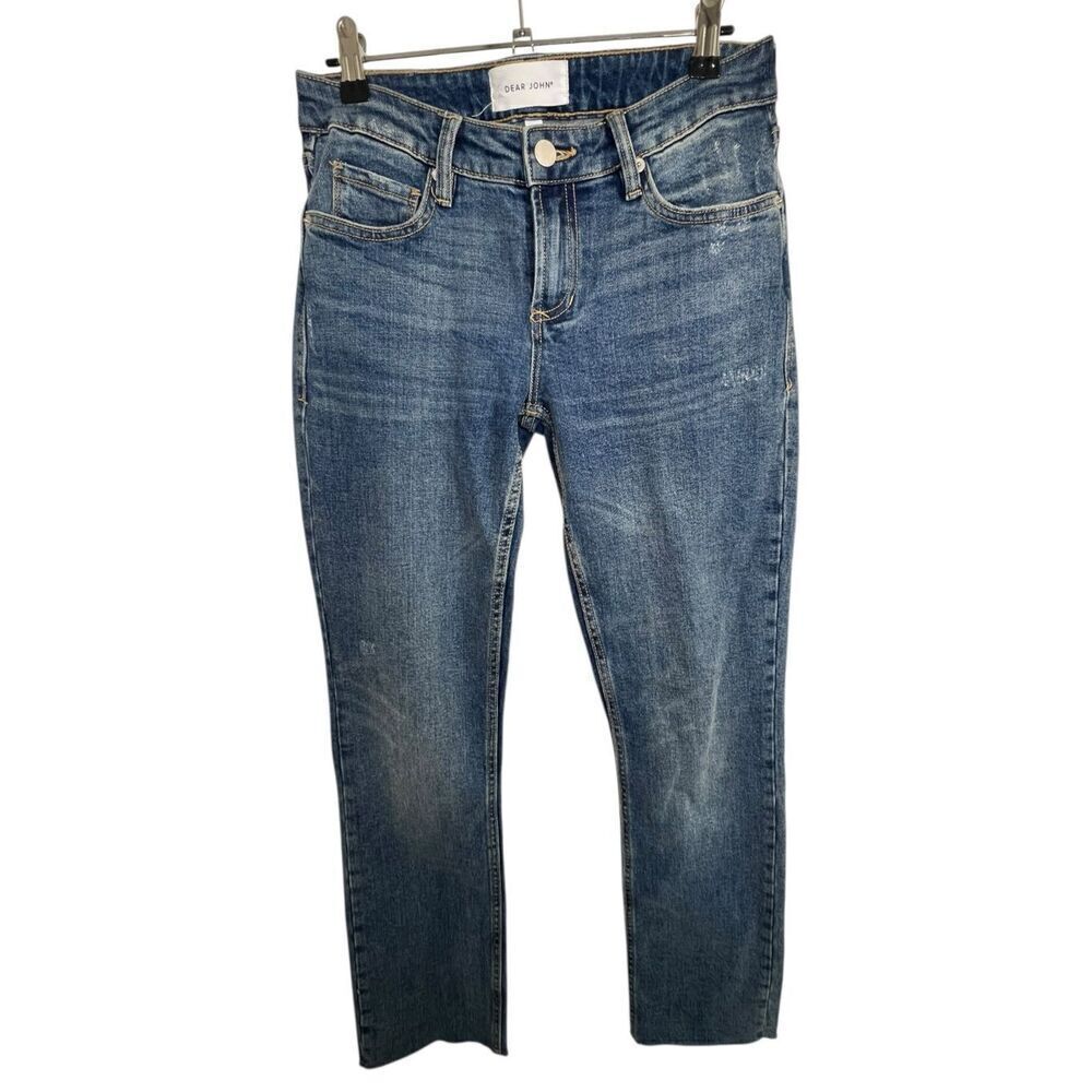Dear John Straight Leg Medium Wash Mid-Rise Denim Jeans With Raw Hems